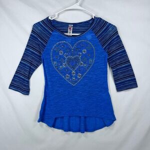 Beautees Royal Blue Rhinestone Heart Striped Raglan Top – Size Large